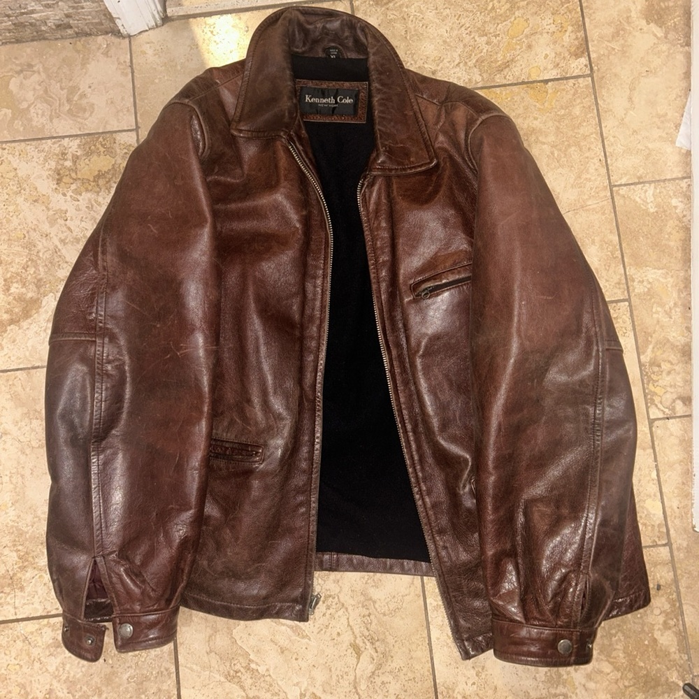 Kenneth Cole – New York Brown Leather Front Zipper Jacket – Size XL